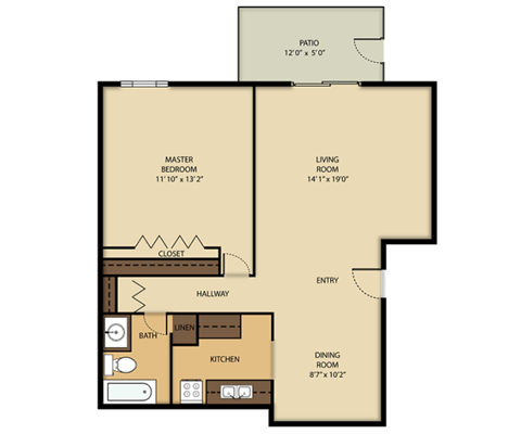 A floor plan of a house with a master bedroom, living room, dining room, kitchen, bathroom, and closet.
